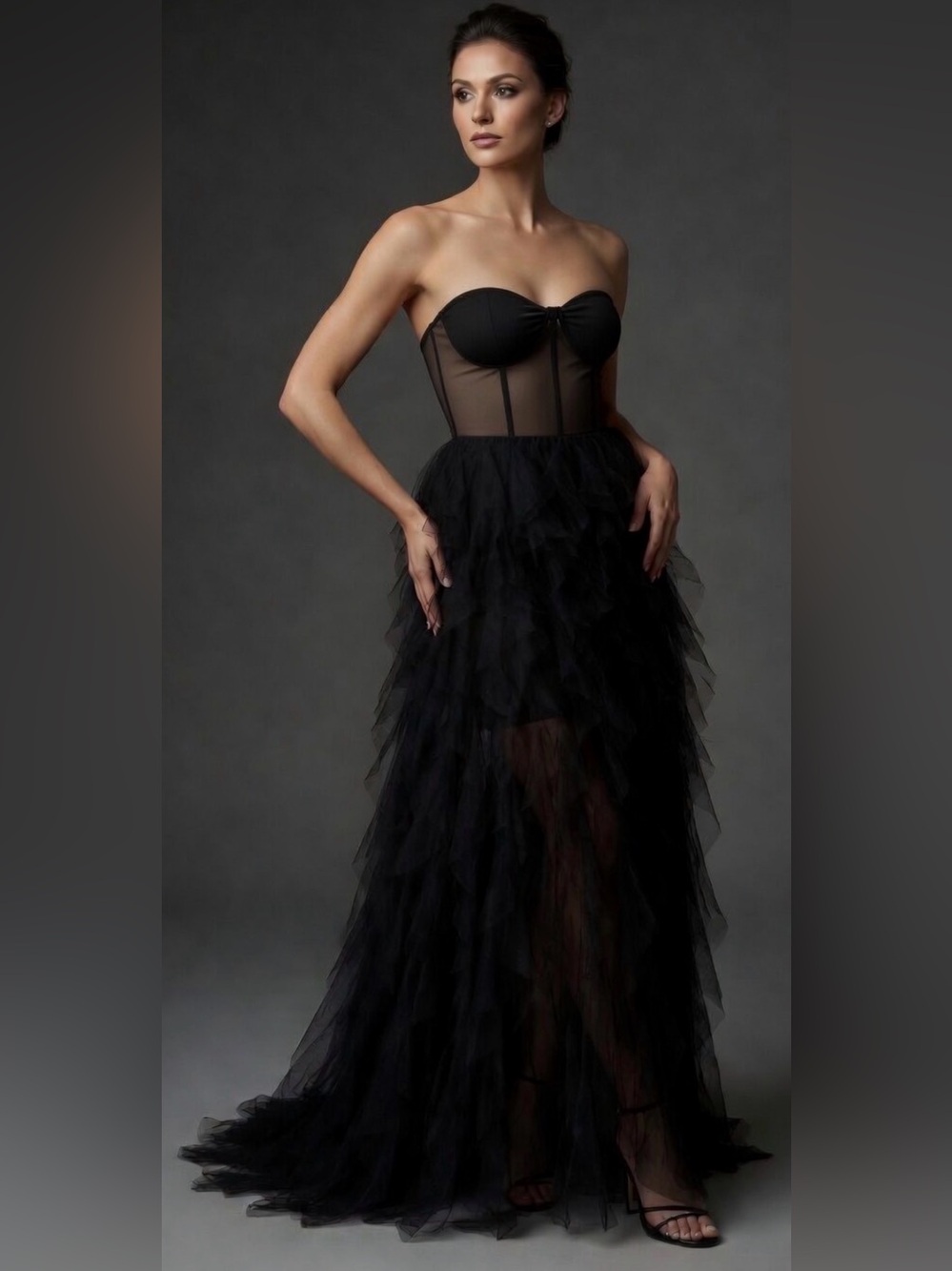 “Midnight Cascade” Strapless Sheer Tulle Gown